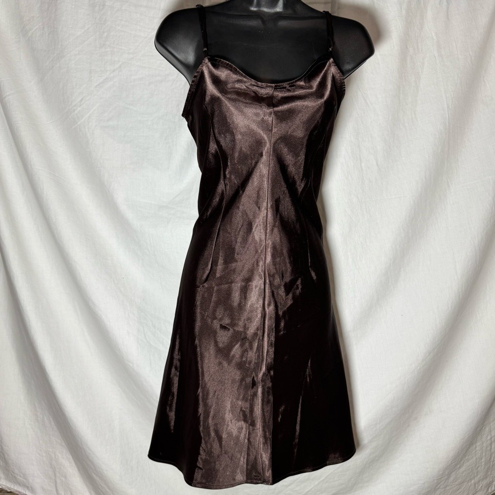 Dark Chocolate Brown Satin Slip Dress Adjustable With Spaghetti Straps - Picture 2 of 6